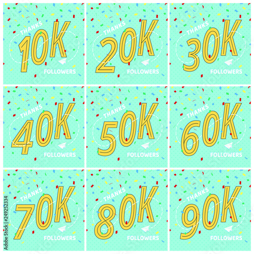 Thank you 10-90k followers numbers postcards set. Congratulating retro flat style design thanks image vector illustration isolated on confetti background. Template for internet media, social network.
