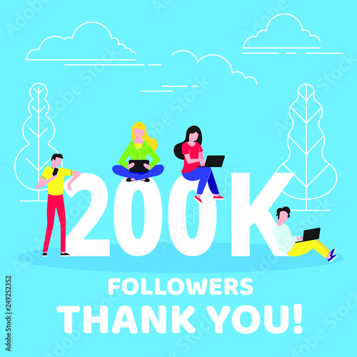 Thank you 200000 followers numbers postcard. People man, woman big numbers flat style design 200k thanks vector illustration isolated on blue background. Template for internet media and social network