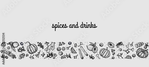 Vector border with isolated hand drawn traditional spices and hot drinks ingredients, pumpkins and flowers on white background