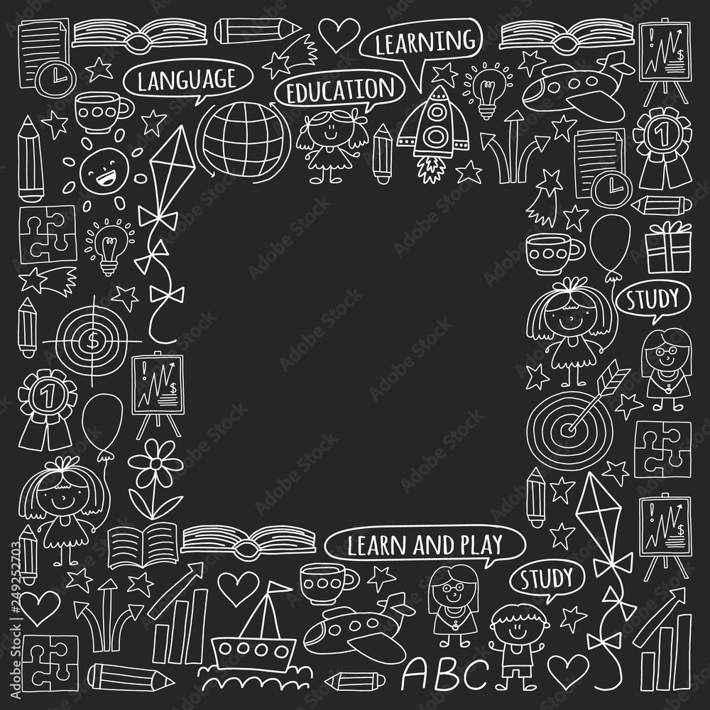Vector set of learning English language, children's drawing icons in doodle style. Painted, black monochrome, chalk pictures on a blackboard. Vector set of learning English language, children's drawing icons in doodle style. Painted, black monochrome, chalk pictures on a blackboard.
