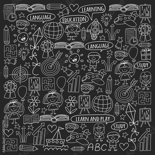 Vector set of learning English language, children's drawing icons in doodle style. Painted, black monochrome, chalk pictures on a blackboard.