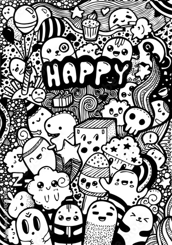 Happy doodling vector holidays kawaii black-and-white coloring. Line art vector hand drawn. Cartoon set.