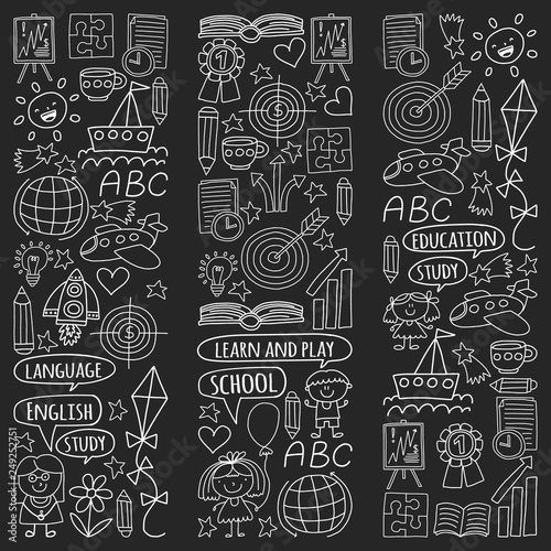 Vector set of learning English language, children's drawing icons in doodle style. Painted, black monochrome, chalk pictures on a blackboard.