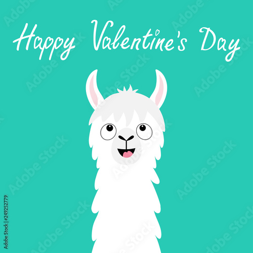 Happy Valentines Day. Llama alpaca animal face looking up. No drama. Cute cartoon funny kawaii smiling character. Childish baby collection. Love greeting card. Flat design. Green background.
