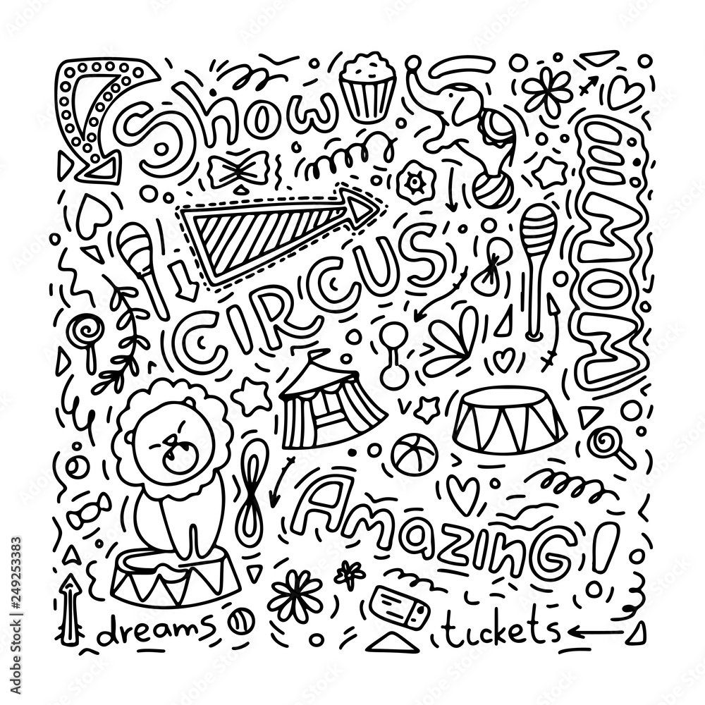 Circus doodling vector happy amazing show dreams tickets performance coloring
