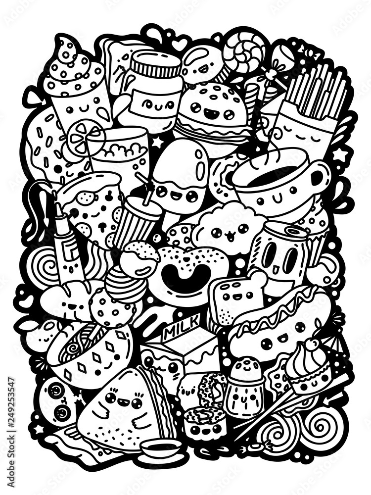 Kawaii vector doodling characters delicious food set black and white hand drawn coloring 