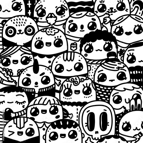 Doodling vector kawaii characters hand drawn lovely people and animals, coloring book, black and white