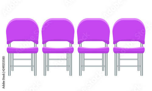 Group of purple plastic chairs with flat and solid color design.