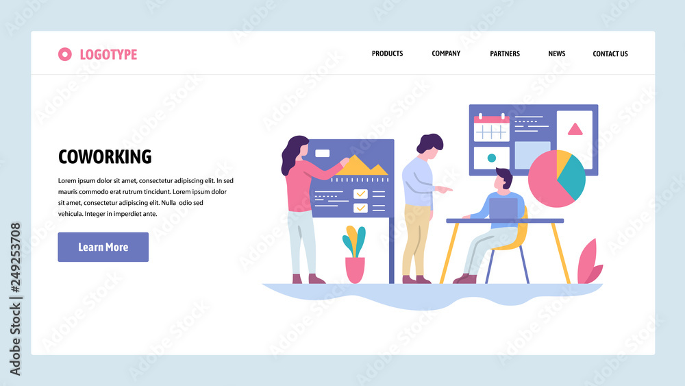 Vector web site gradient design template. Coworking space. Business team make presentation. Landing page concepts for website and mobile development. Modern flat illustration.