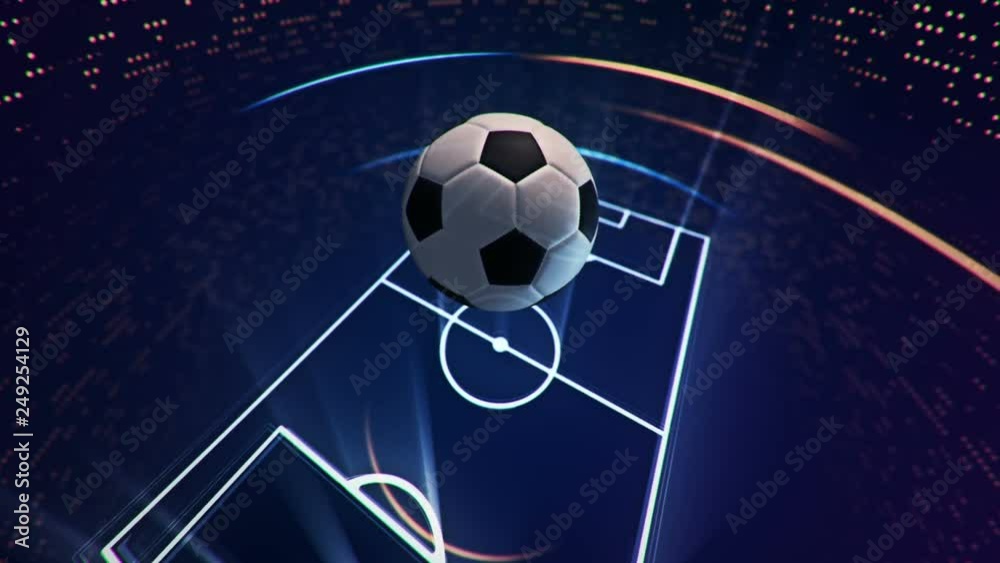 Abstract animation drawing of soccer field shape from neon line and flickering particles with flying soccer ball on background. 