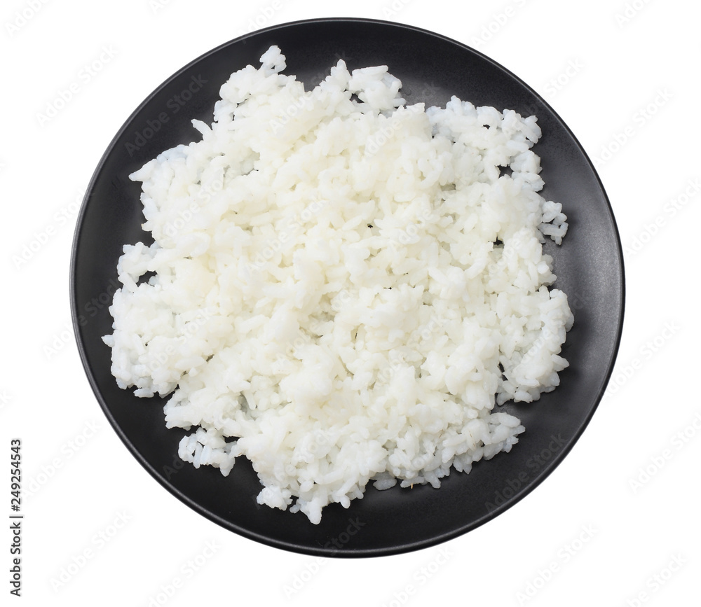 White rice in black bowl isolated on white background. top view White rice in black bowl isolated on white background. top view