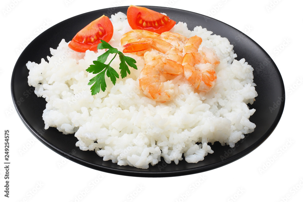 White rice with shrimps in black bowl isolated on white background White rice with shrimps in black bowl isolated on white background