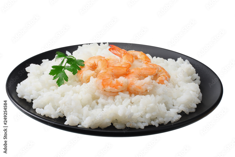 White rice with shrimps in black bowl isolated on white background White rice with shrimps in black bowl isolated on white background