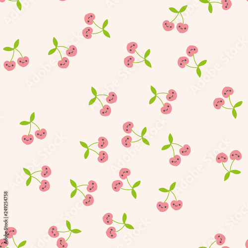 Seamless pattern with cherries. Kawaii style. Vector.