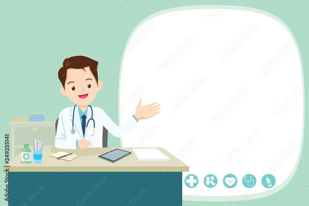 Doctor present and sitting at the table with empty space Doctor present and sitting at the table with empty space