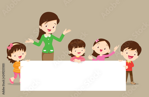 Teacher and Children boyand girl with banner
