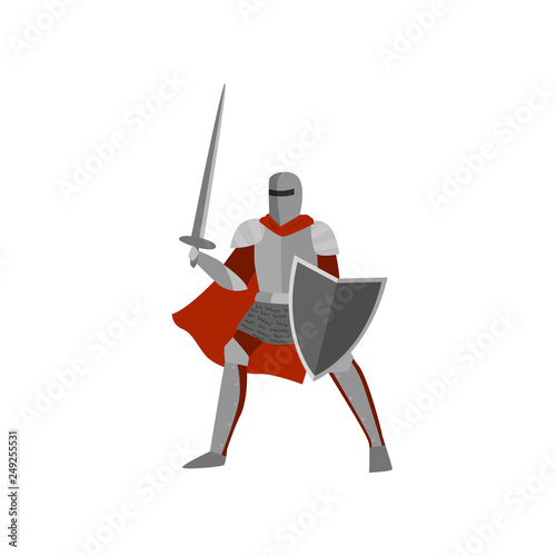 Brave knight in gray metal armor and helmet is ready to repel attack raising sword