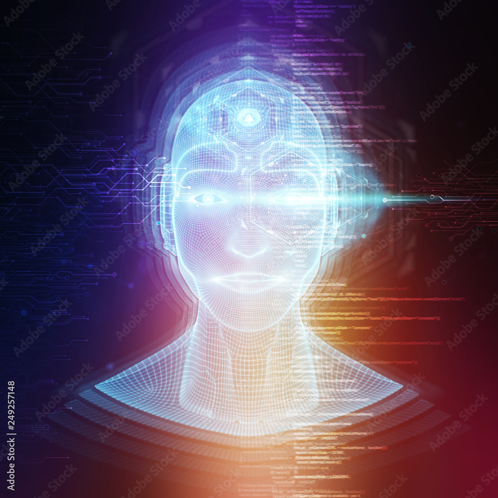 Obraz premium Robot cyborg man head artificial intelligence learning 3D rendering