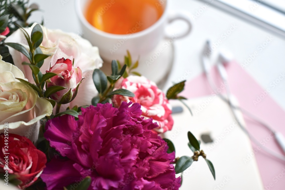 Bouquet of flowers and a Cup of tea Bouquet of flowers and a Cup of tea