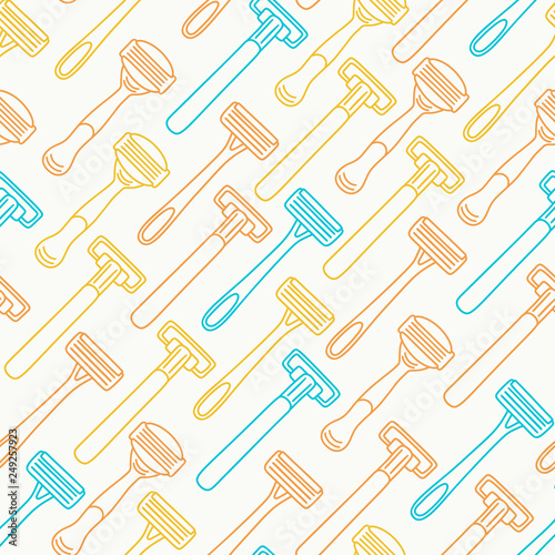 Seamless pattern with disposable shaving razors  hair removal tools  located diagonally  vector illustration on white background. Simple simpless pattern with multi-colored shaving razors
