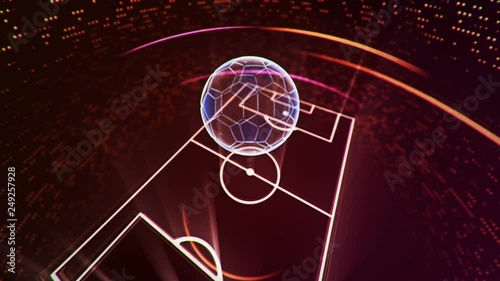 Abstract animation drawing of soccer field shape from neon line and flickering particles with flying soccer ball on background. 
