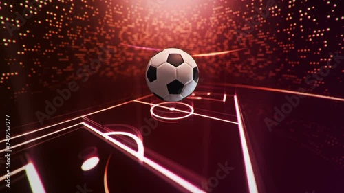 Abstract animation drawing of soccer field shape from neon line and flickering particles with flying soccer ball on background. 
