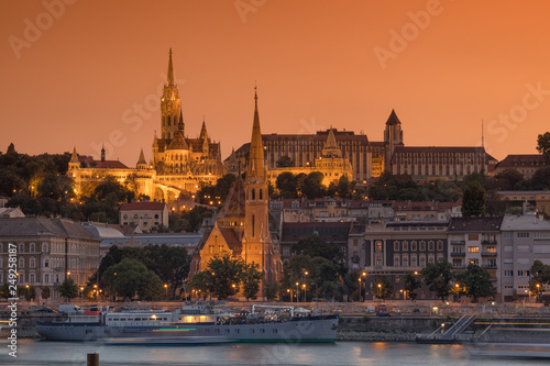 Budapest cityscape with St. Matthias Church  Fisherman Bastion and Danube river 