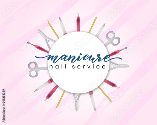 Wallpaper Mural Template for business card with manicure equipment. Hand lettering Manicure. Nail service. Vector Torontodigital.ca