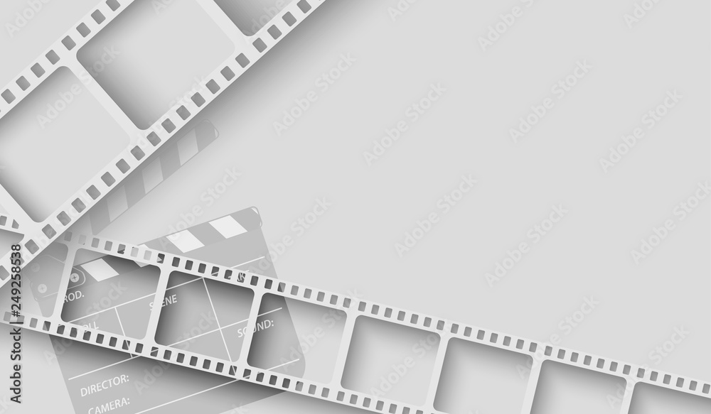 Abstract background with white film strip frame and clapper-board isolated on white background. Design template cinema with space for your text. Vector brochure, tickets,flyer, leaflet.3d style.EPS 10