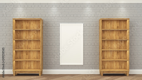 Wooden racks stand at the gray brick wall. between them weighs a frame with a white background. Empty shelves for the installation of your product. 3d render