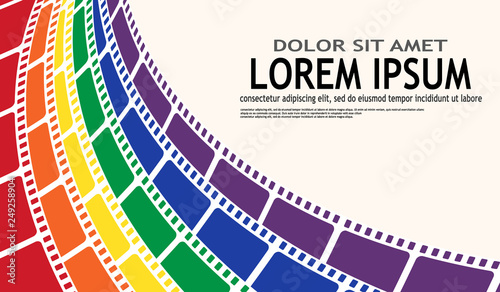 Abstract background with colorful film strip frame isolated on white background. Cinema design festival poster or flyer template with space for your text. Movie time at the cinema concept. 3d style