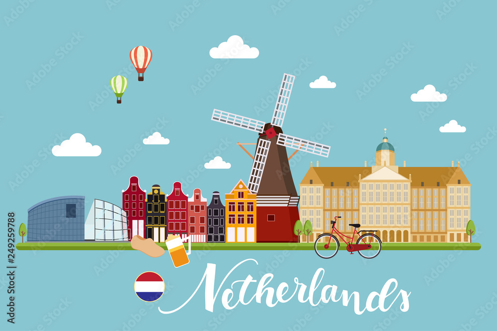 Netherland Travel Landscapes Vector Illustration