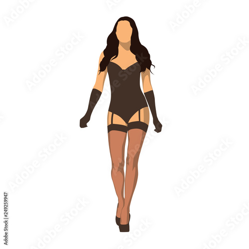 Sexy woman walking in black lingerie, isolated vector illustration. Flat design underwear