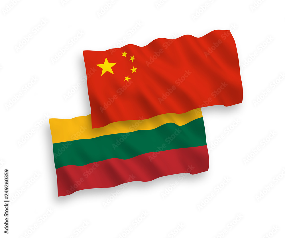 National vector fabric wave flags of Lithuania and China isolated on white background 1 to 2 proportion. National vector fabric wave flags of Lithuania and China isolated on white background 1 to 2 proportion.