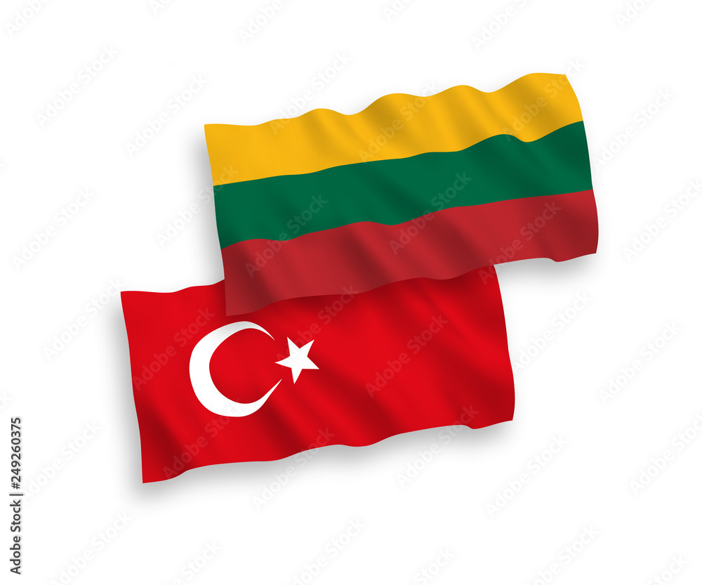 National vector fabric wave flags of Turkey and Lithuania isolated on white background. 1 to 2 proportion. National vector fabric wave flags of Turkey and Lithuania isolated on white background. 1 to 2 proportion.