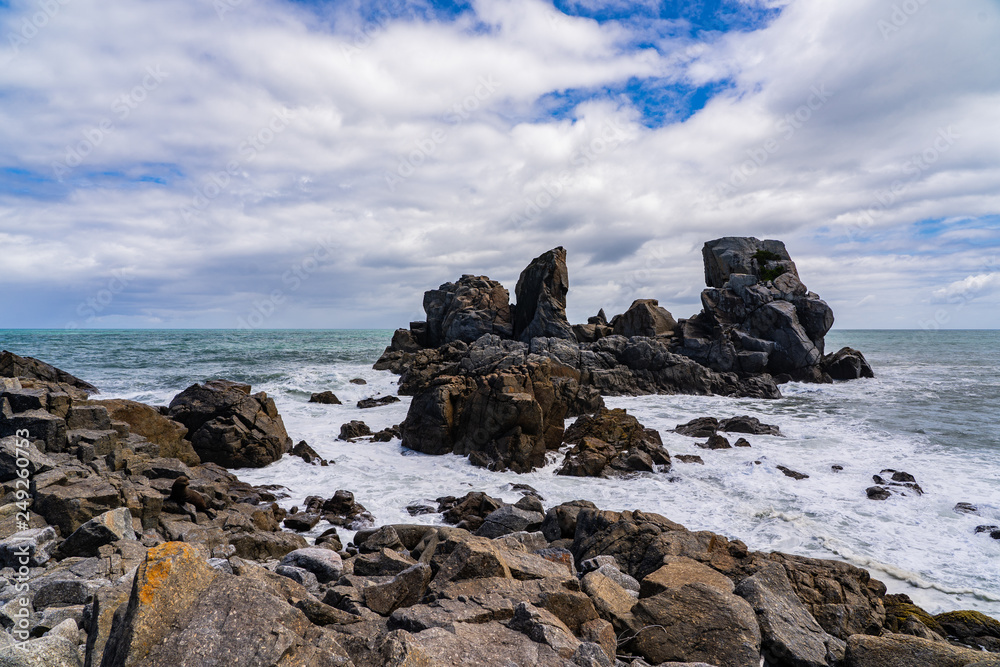 amazing coastline at cape foulwind Westport New Zealand, great coast with the waves of the ocean in the background, ocean in new Zealand with great rocks and beach, cape foulwind landscape image