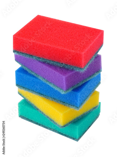 Set multi-colored household cleaning sponge.  Cleaning service,spring cleaning concept. Flat lay, Top view.Housework concept. Colored sponge isolated on white background- close up.Cleaning equipment. 