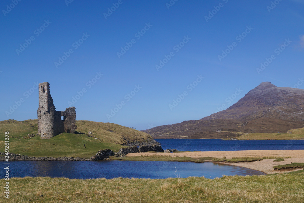 View over Loch Assynt and Ardvreck Castle in the Scottish Highlands