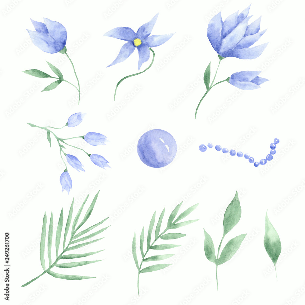 set of blue watercolor flowers,tulips, beads and leaves set of blue watercolor flowers,tulips, beads and leaves