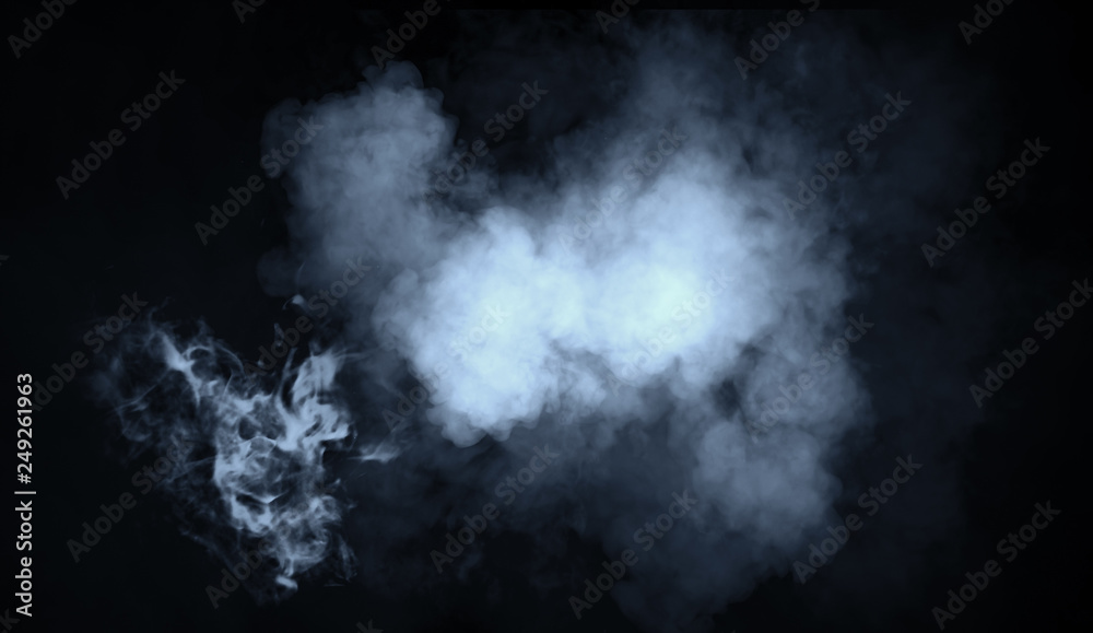 Blue abstract smoke misty fog on isolated black background. Texture overlays. Design element.