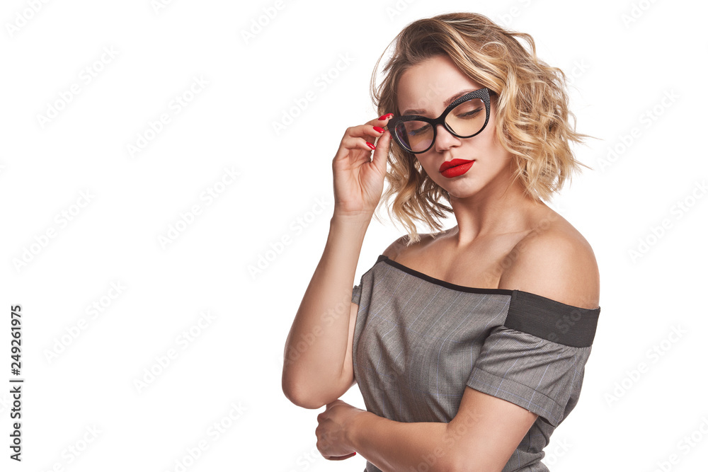 Woman showing a product - empty copy space on the open hand palm Woman showing a product - empty copy space on the open hand palm