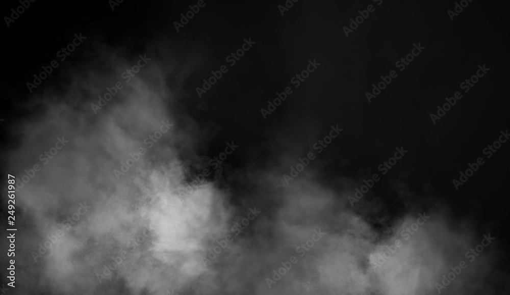 Smoke on floor . Isolated black background . Misty fog effect texture overlays for text or space