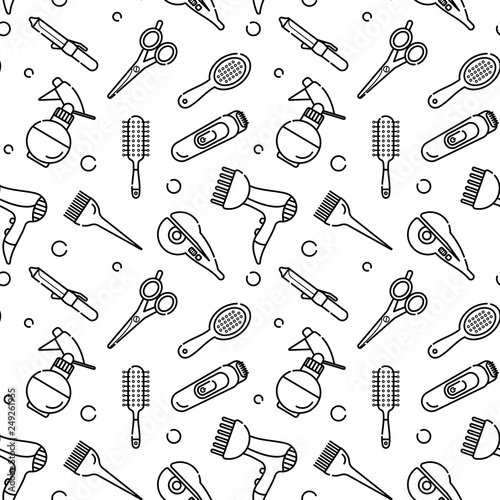 Vector seamless monochrome pattern for hairdresser. Tools for the master in the beauty salon. Hair dryer for drying hair. Linear style vector objects