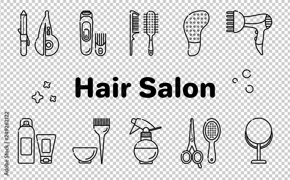 Icons for barber shop. Tools for the master in the beauty salon. Comb for hair, hair dryer, scissors, shampoo. Vector set of flat icons in linear style. Isolated objects on a transparent background. Icons for barber shop. Tools for the master in the beauty salon. Comb for hair, hair dryer, scissors, shampoo. Vector set of flat icons in linear style. Isolated objects on a transparent background.