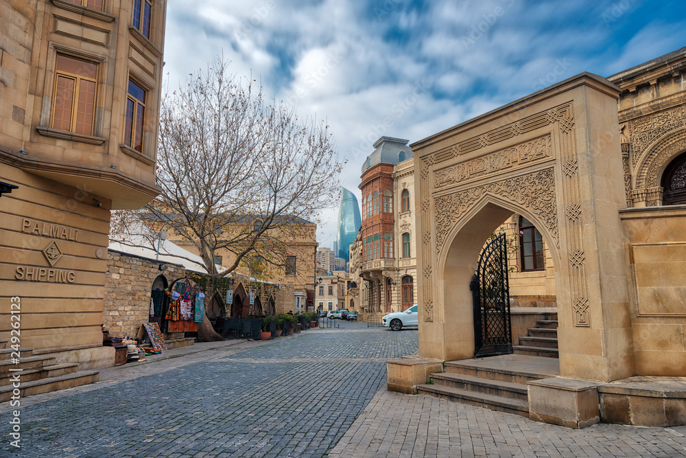 Baku Flame Towers and Old Town, Azerbaijan, taken in January 2019