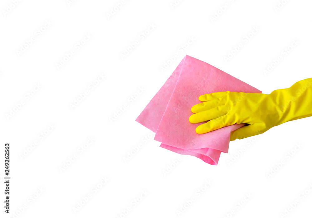 Employee hand in rubber protective glove with micro fiber cloth wiping wall from dust. Cleaning or housekeeping concept background.Getting started cleaning.  Commercial cleaning company. Copy space. 