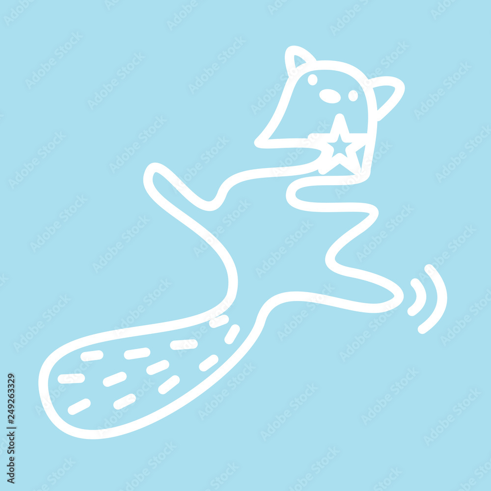 Cute kawaii animal character caught and hugged a star. Funny beaver or cat logo design template. Symbol for web and print. Animal linear illustration in trendy minimalistic style.