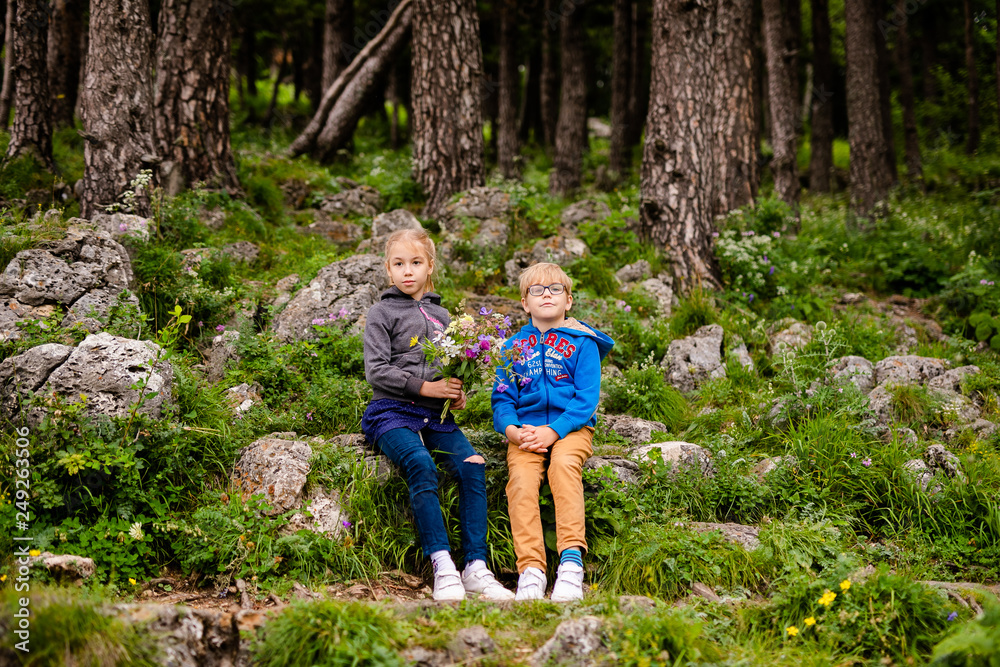 Boy with glasses and blue wear with bouquet of wild flowers and blonde girl near the forest in the summer mountains. Flowers for mother and sister for the woman’s day. RUSSIA, LAGO-NAKHI, July 2018 Boy with glasses and blue wear with bouquet of wild flowers and blonde girl near the forest in the summer mountains. Flowers for mother and sister for the woman’s day. RUSSIA, LAGO-NAKHI, July 2018