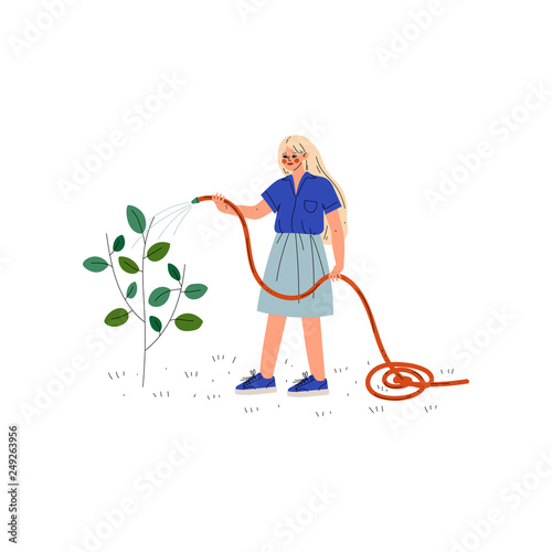 Girl Watering Plants with Hose, Young Woman Working in Garden or Farm Vector Illustration