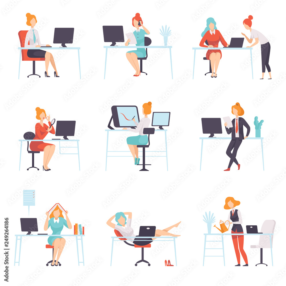 Businesswomen Working in Office Set, Business Employee Character Daily  Routine Vector Illustration Stock Vector | Adobe Stock